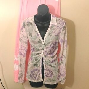 New! Floral Sheer Button-Up Blouse